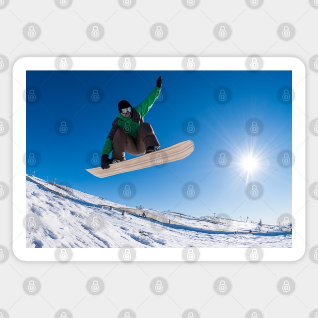 Snowboarder jumping against blue sky Sticker by homydesign